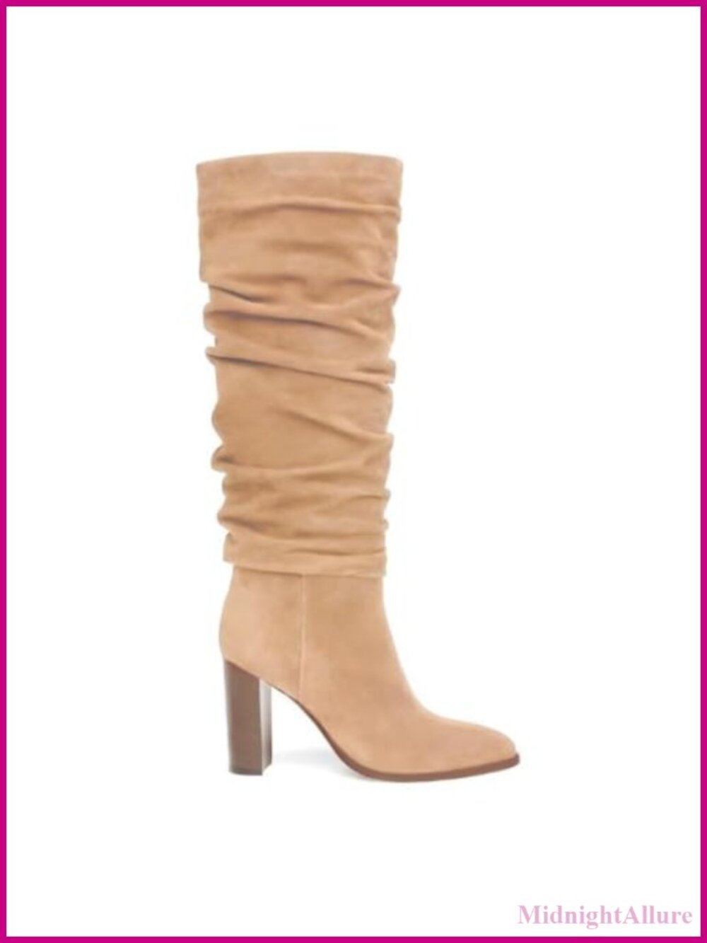 Faux Suede Knee High Boots Slouchy Chunky Block Heel Side Zip